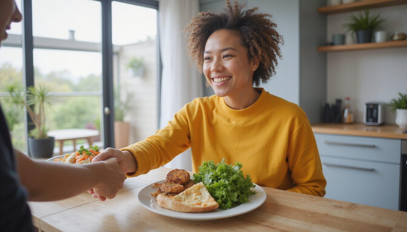 Happy person receiving healthy low carb meal delivery, modern home setting bright and clean