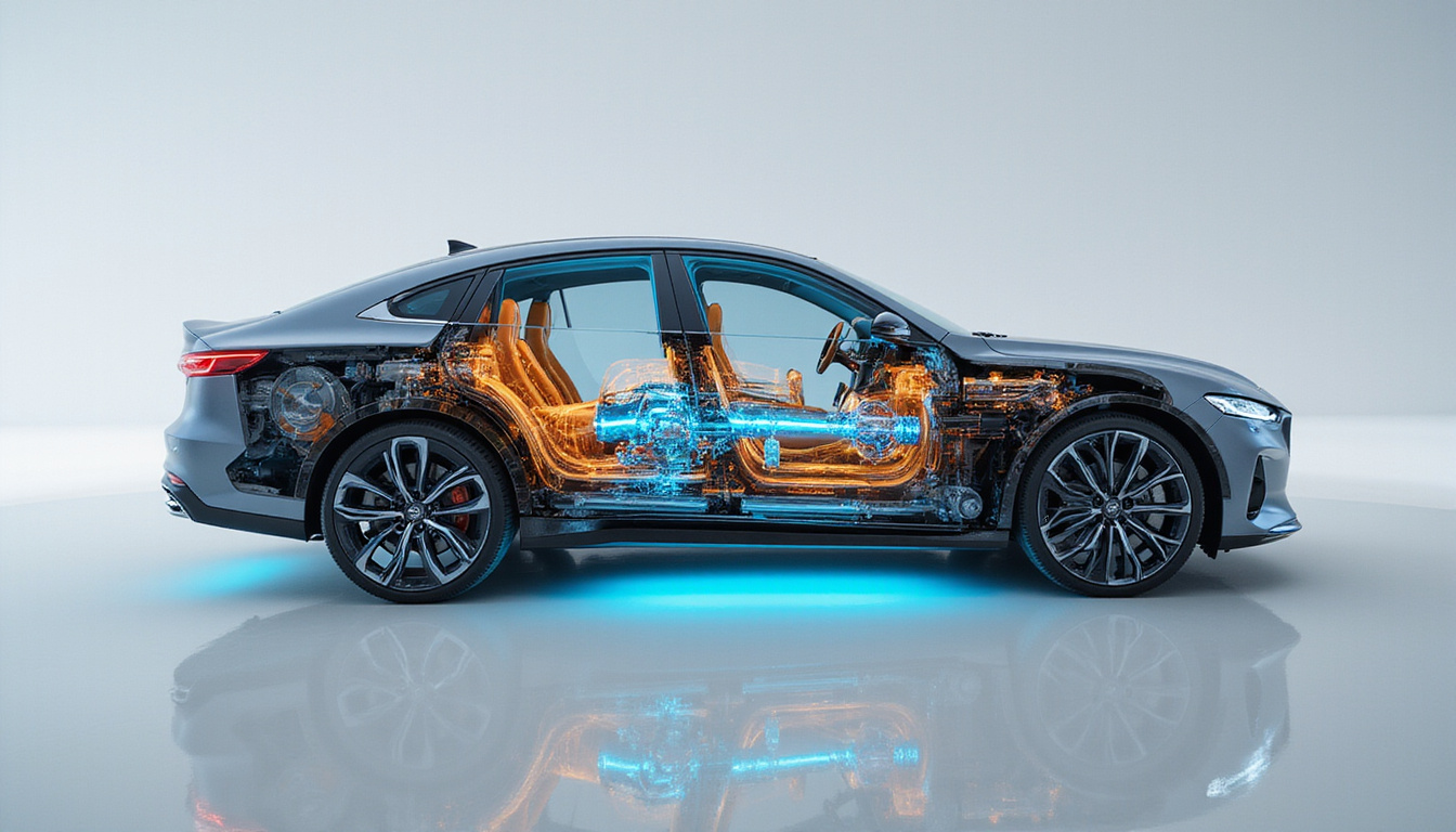 Cutaway view of next-gen hybrid vehicle engine showcasing innovative powertrain components, dynamic energy flow visualization