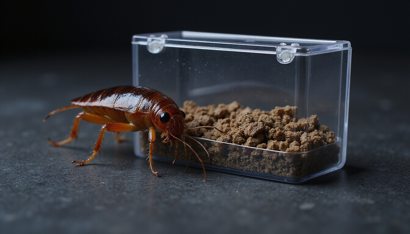 Detailed illustration of a roach crawling towards a modern bait trap, dark textured surface