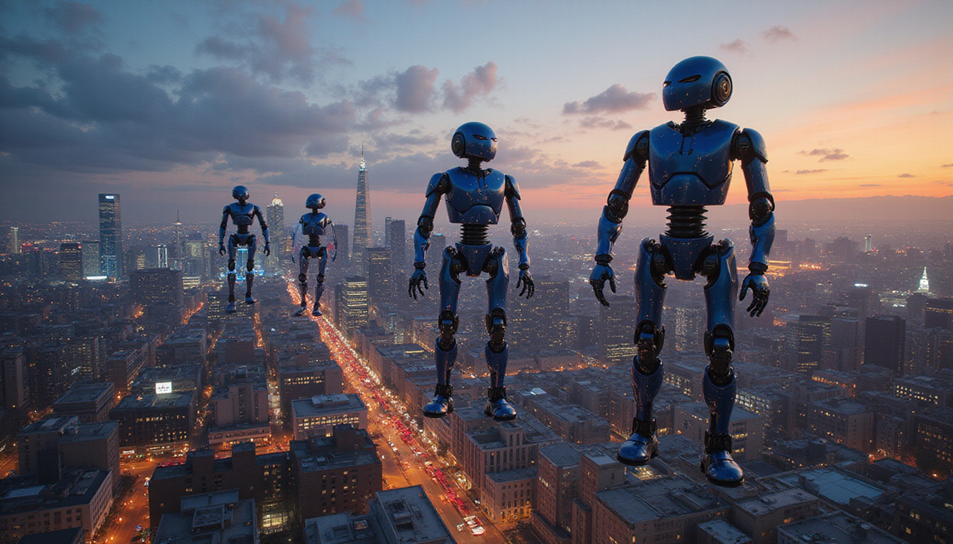 Autonomous robots collaborating seamlessly in a glowing neural network cityscape at dusk