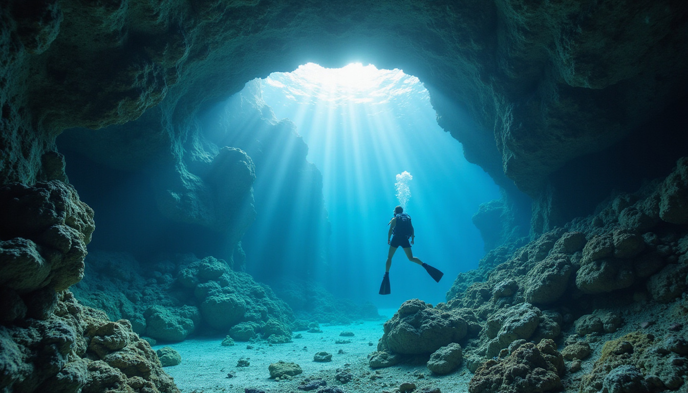 adventurous diver exploring intricate sea caves with sunlight filtering through crystal clear water