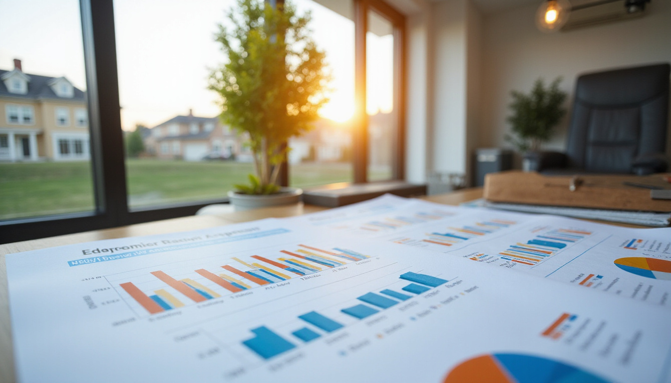 Detailed appraisal report with charts, high-end residential neighborhood background, modern office setting