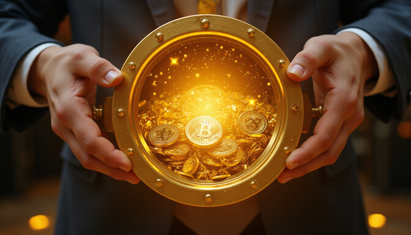  Hands unlocking a golden digital vault filled with shining blockchain tokens and data streams