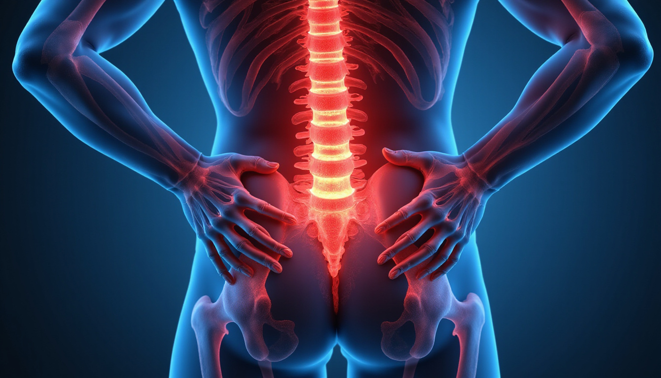  Anatomical illustration of sciatic nerve highlighted in vibrant colors with lower back pain area glowing red