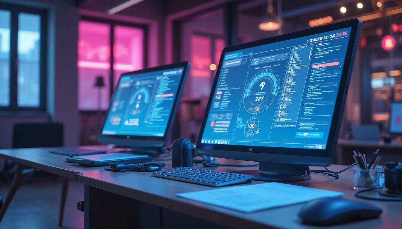  Futuristic business communication hub with digital call answering systems and AI assistant