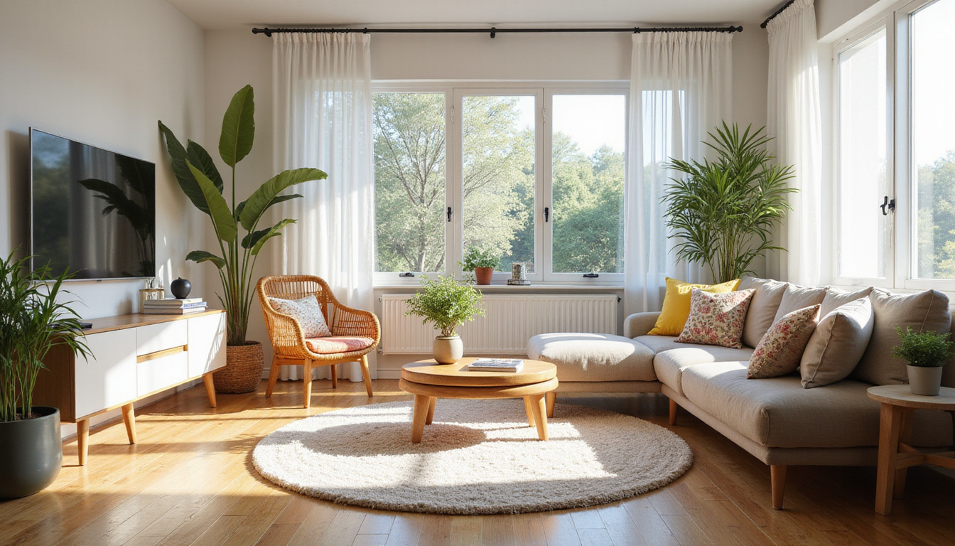  Organized living room after junk removal, bright and spacious with sunlight streaming in