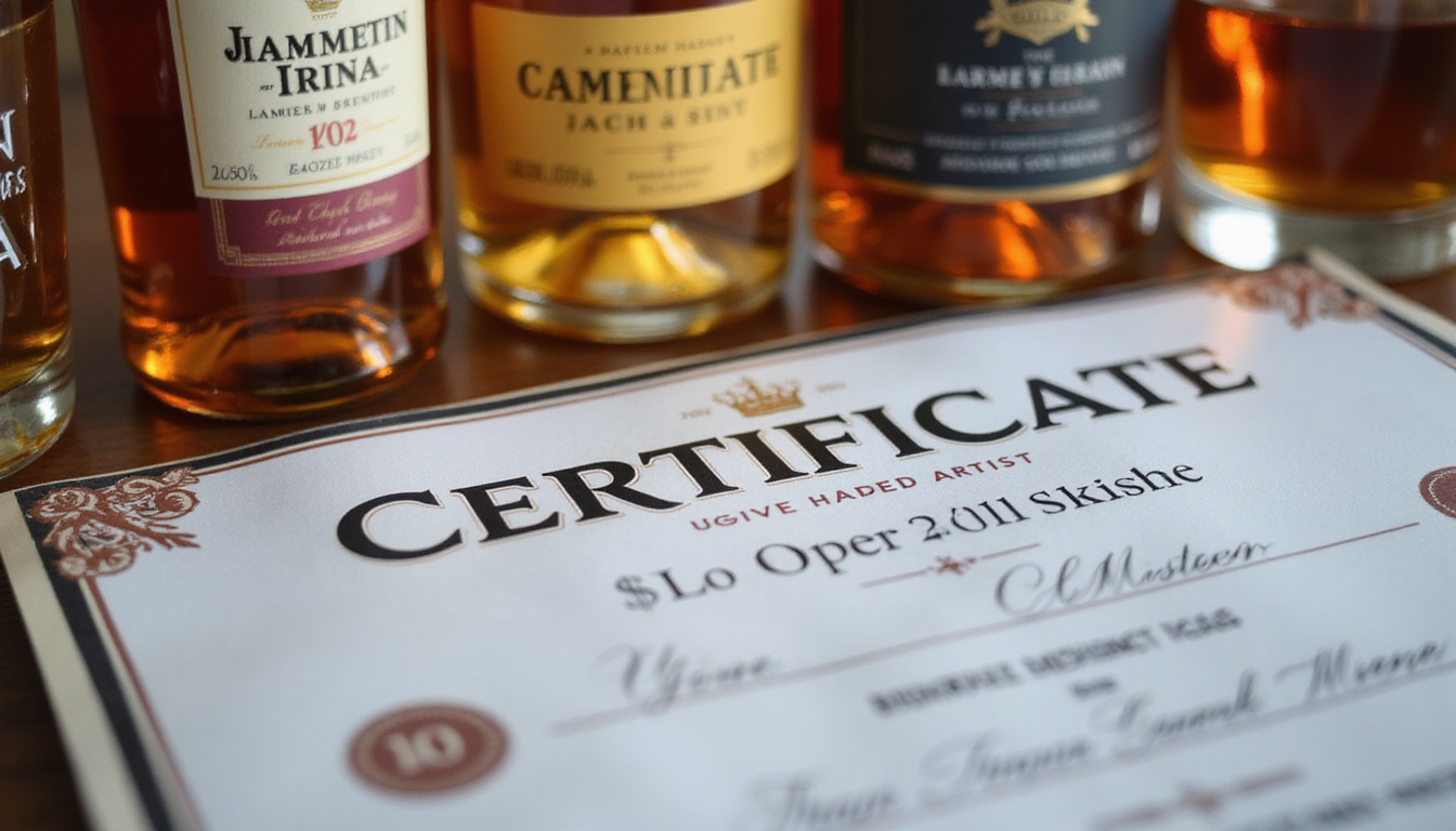 close-up of certification document with whiskey bottles in background, warm lighting