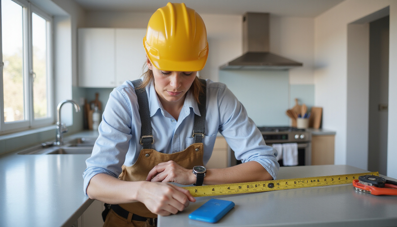  Confident remodeler measuring kitchen for renovation with tools and clients nearby