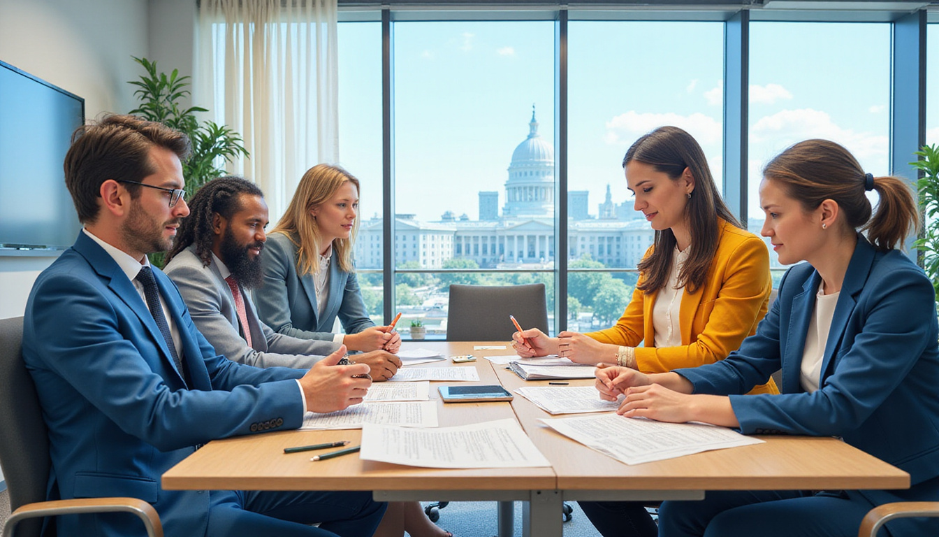  Diverse team collaborating over government contract documents, bright corporate meeting room