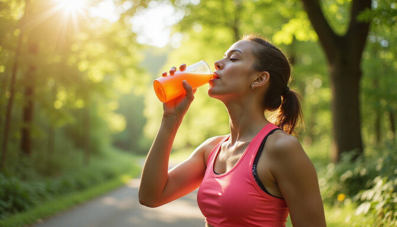  Athlete drinking cold electrolyte drink, natural greenery background, bright sunlight