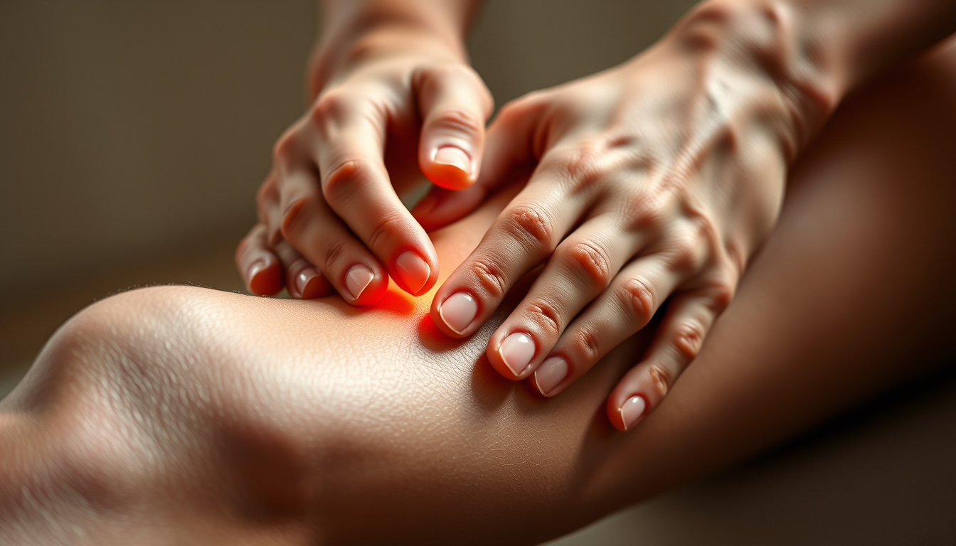  close-up of hands massaging knee, soothing warm light, detailed skin texture