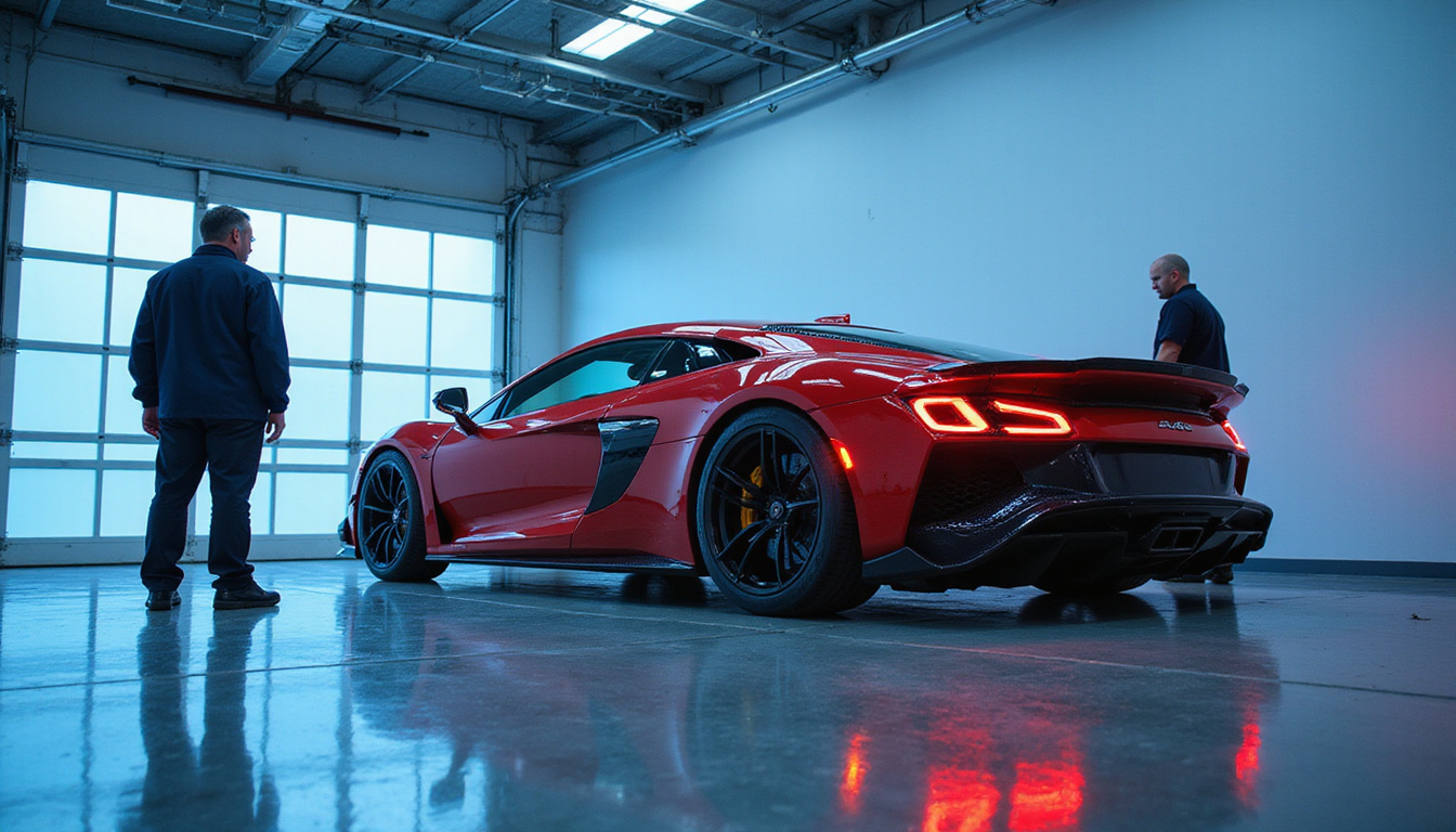  engineers analyzing high-tech aerodynamic prototype in advanced wind tunnel facility