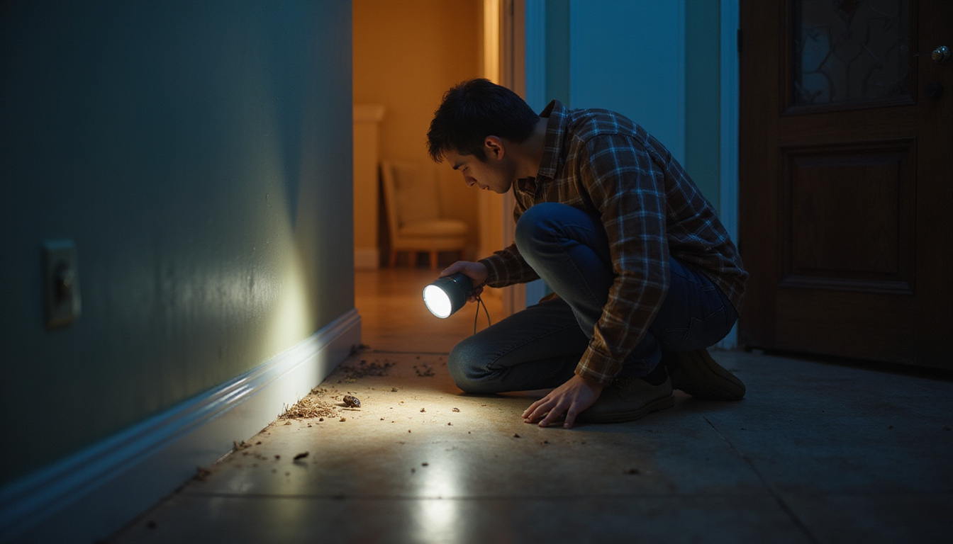  Homeowner inspecting dark corners with flashlight, noticing small roach droppings, tense atmosphere