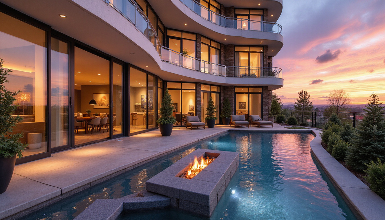 Elegant urban condo showcased with drone photography, sunset glow, high detail clarity, inviting ambiance