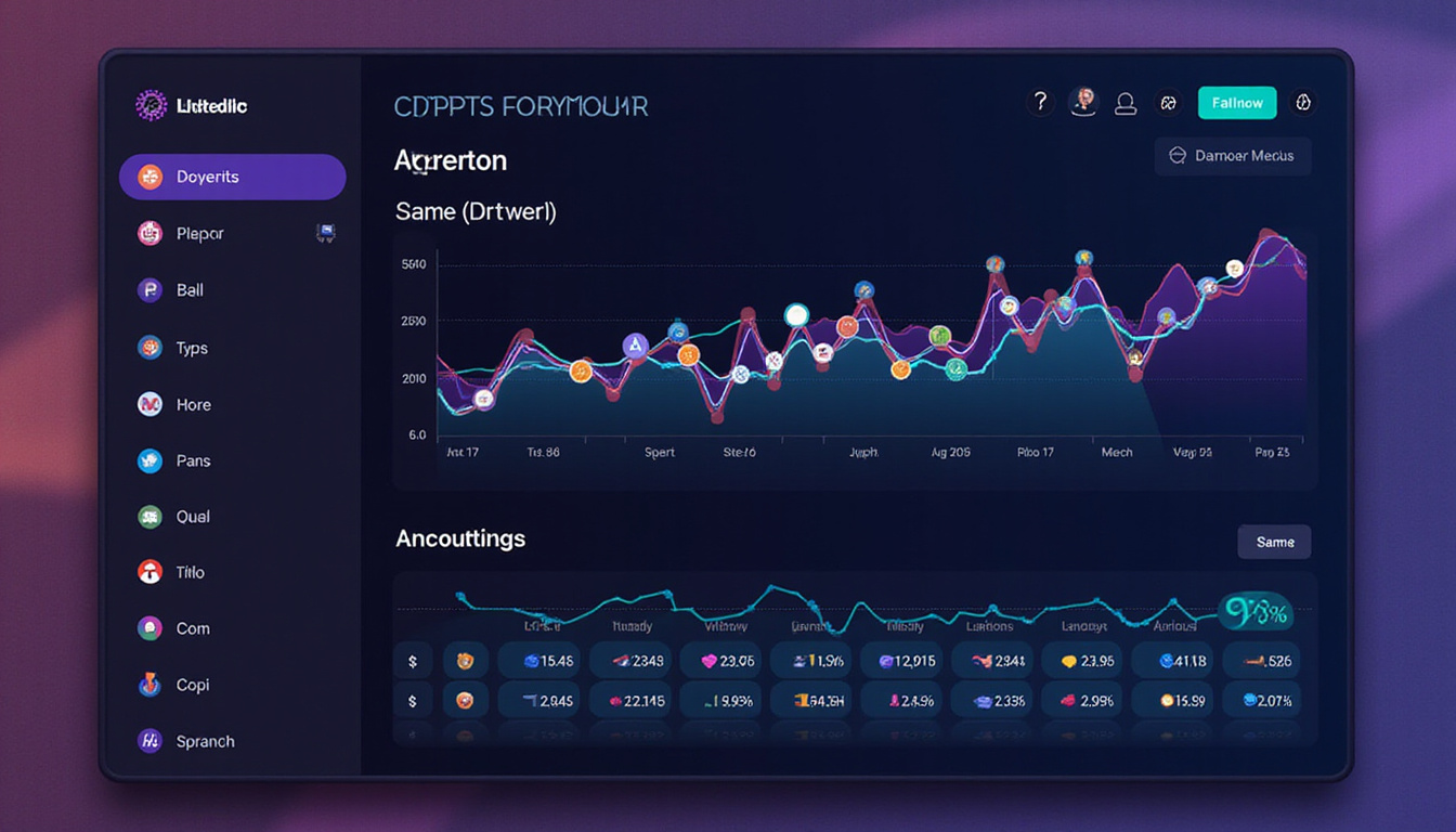  sleek crypto portfolio dashboard with colorful coin icons and upward-trending graphs on screen