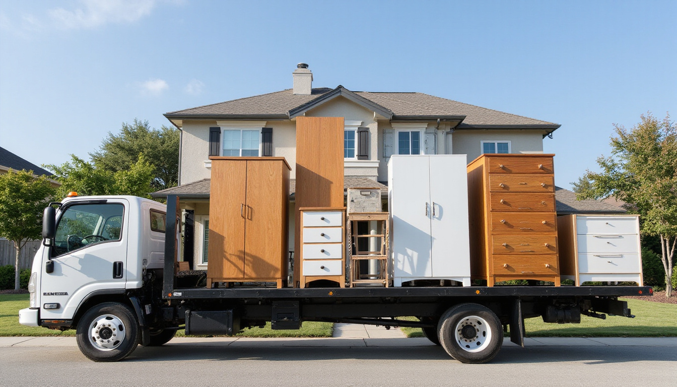 Heavy-duty truck loaded with oversized furniture pieces outside a suburban house