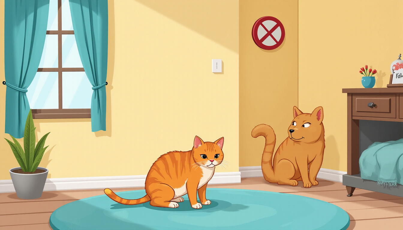 cat urinating on carpet, crossed circle sign, bright home interior 