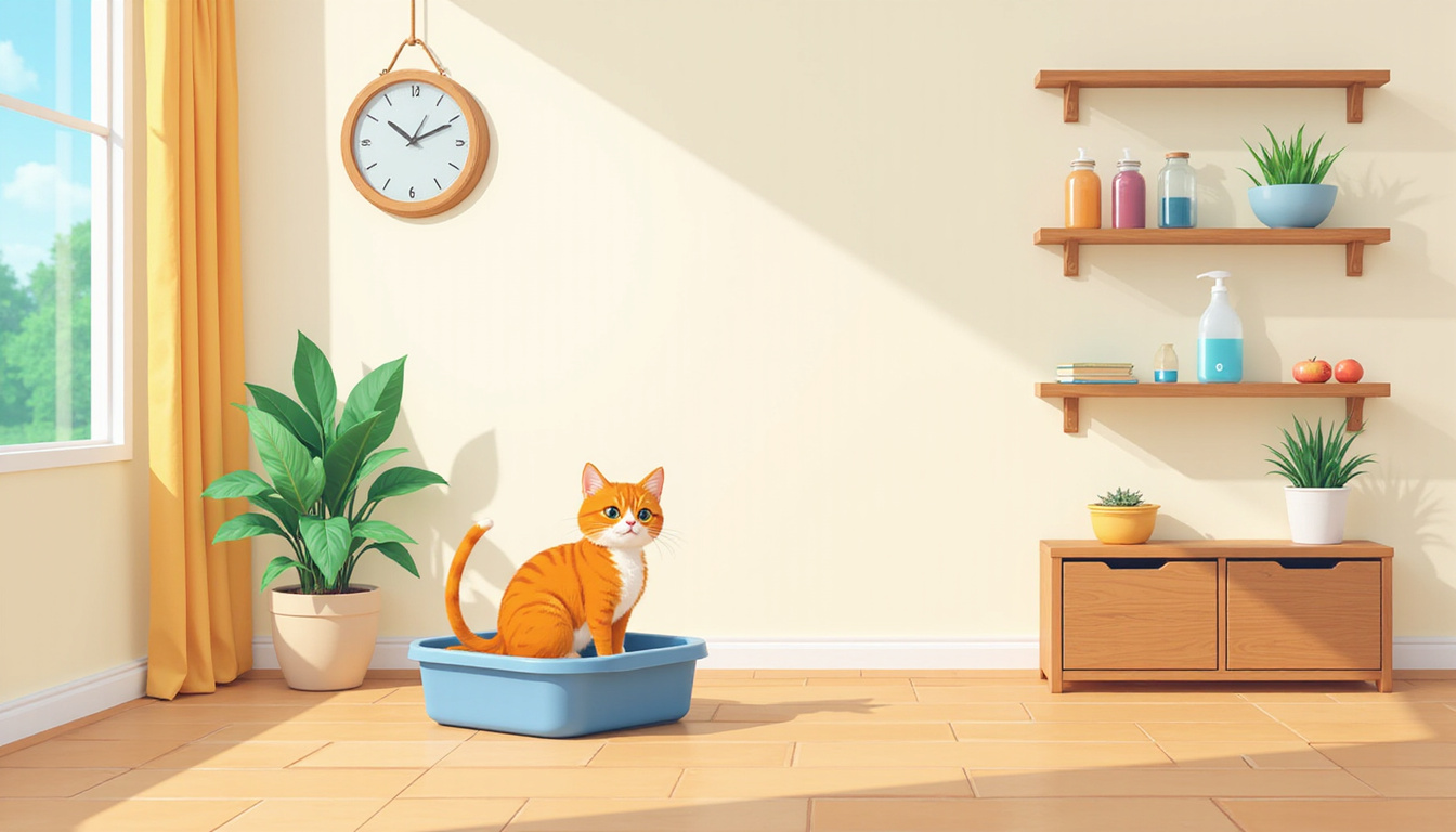  peaceful cat sitting near litter box, clean fresh smelling room, natural deterrents on shelves