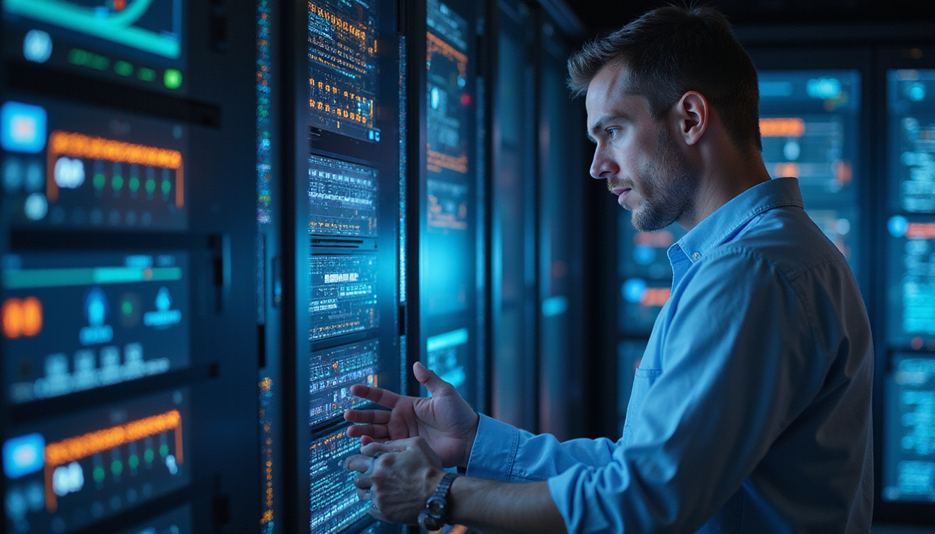  Skilled IT professional troubleshooting advanced servers with glowing digital displays in a high-tech environment