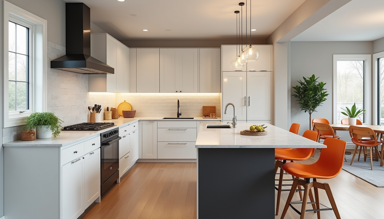  Contemporary kitchen remodel, sleek design, marble countertops, smart appliances, vibrant decor