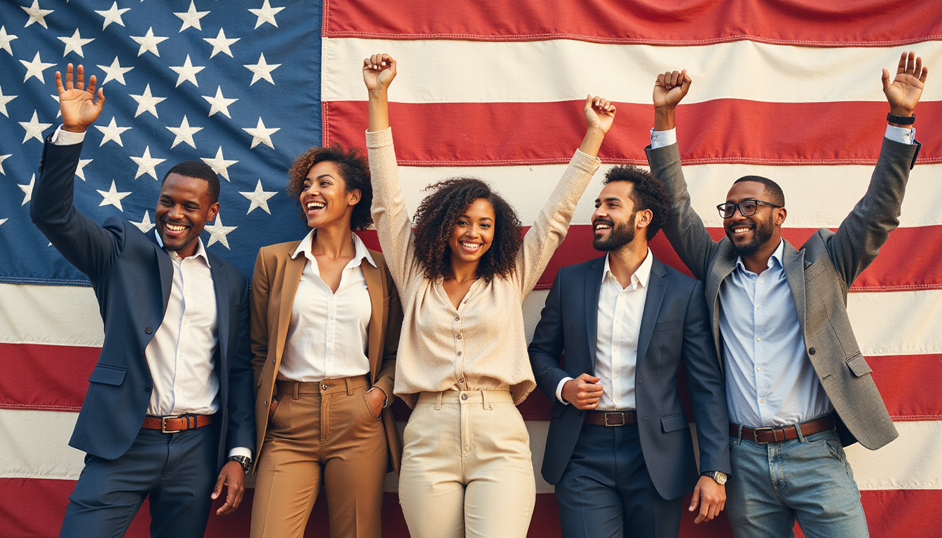  diverse entrepreneurs celebrating contract win, American flag background, professional attire, success atmosphere