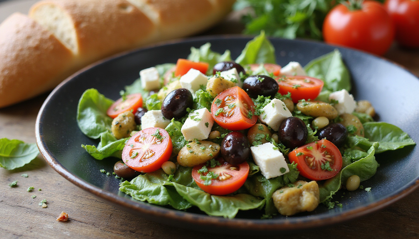 Fresh Greek salad with olives, feta, tomatoes, and herbs beside whole grain bread on wooden table