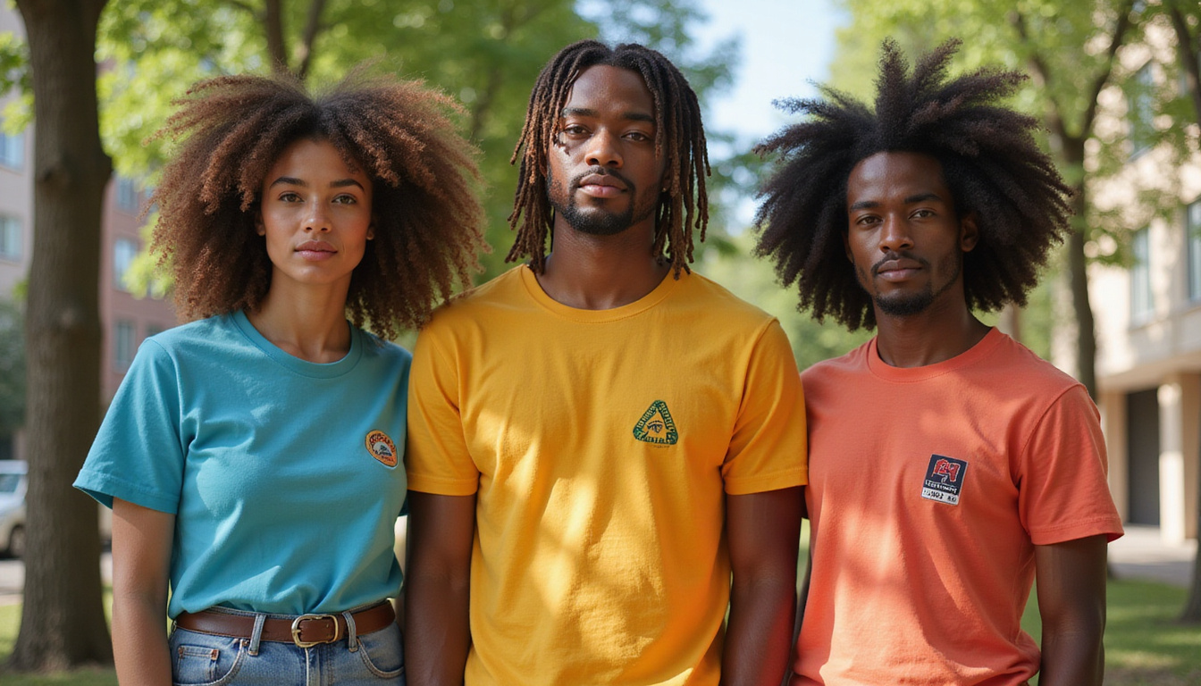  diverse models showcasing colorful sustainable fashion shirts in urban outdoor setting, sunlight filtering through trees