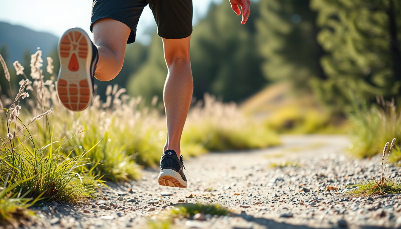  person running freely on trail, smiling with flexible knees, bright natural light