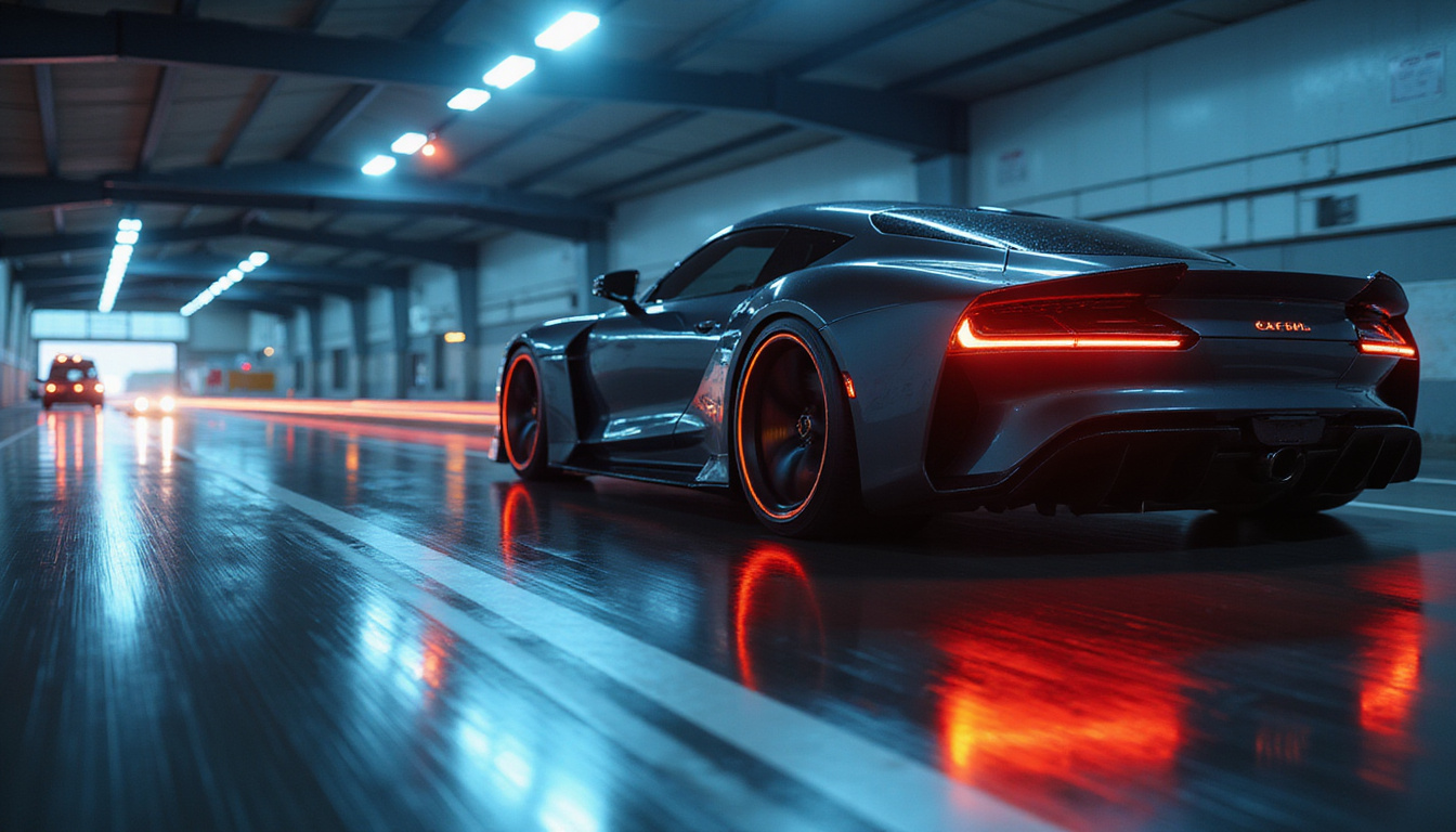  close-up of advanced prototype tires glowing under track lights, sleek car speeding by