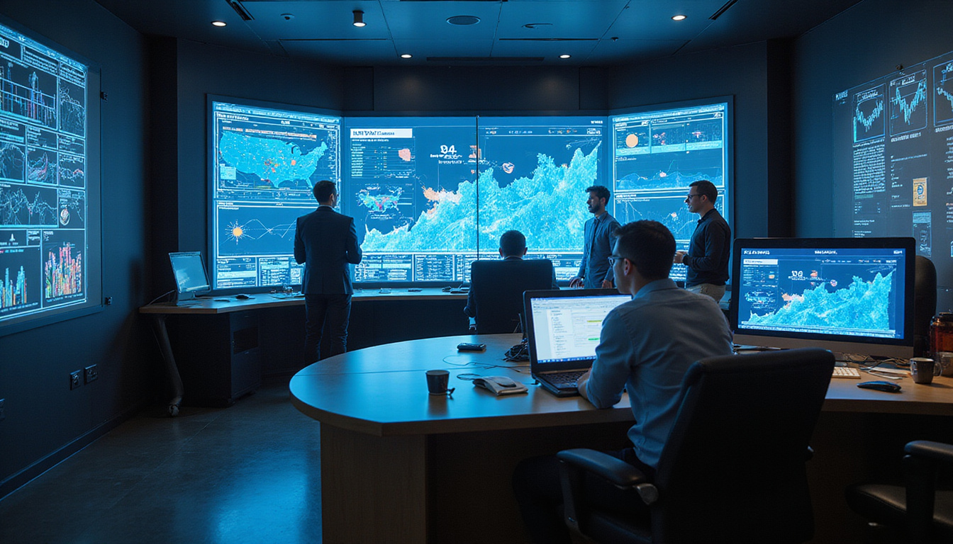 sleek control room with automated decision dashboards, glowing holograms, business professionals collaborating efficiently
