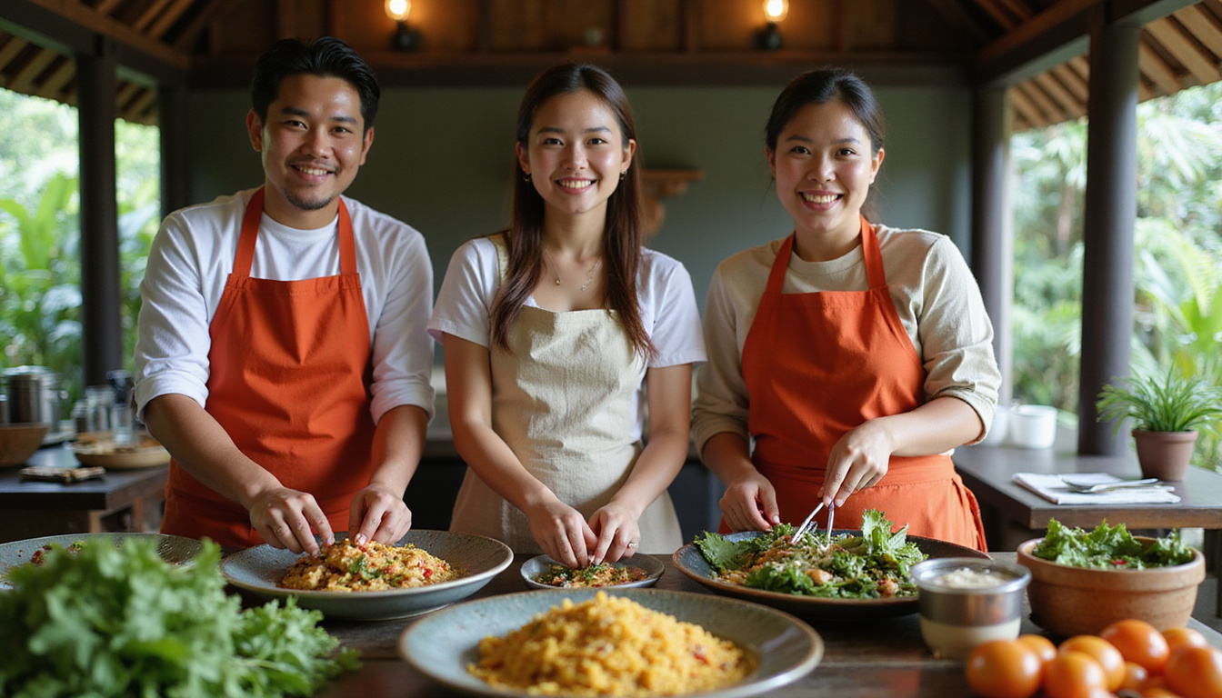 Hands-on Balinese culinary workshop, authentic local dishes, colorful herbs, smiling chefs in traditional attire