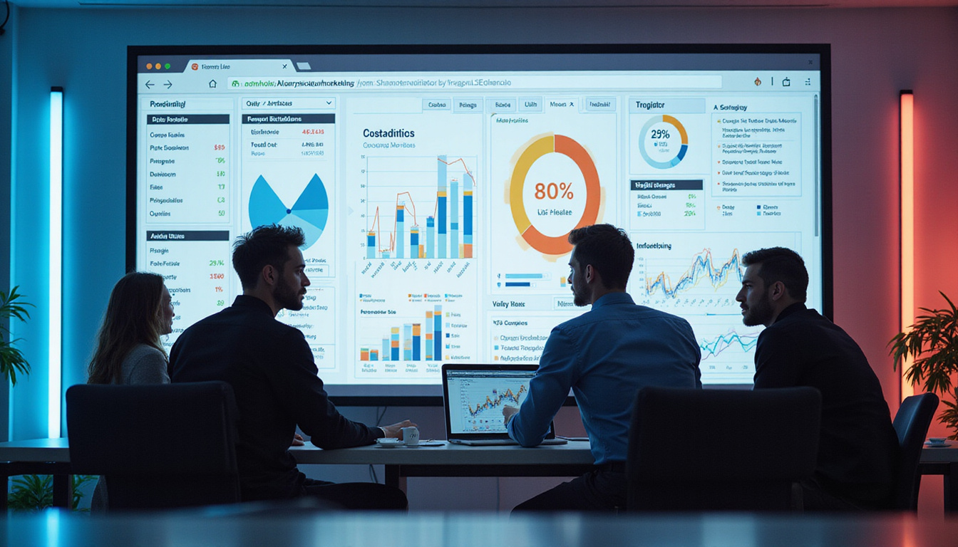 Professional marketing team analyzing real estate SEO strategy on large screen