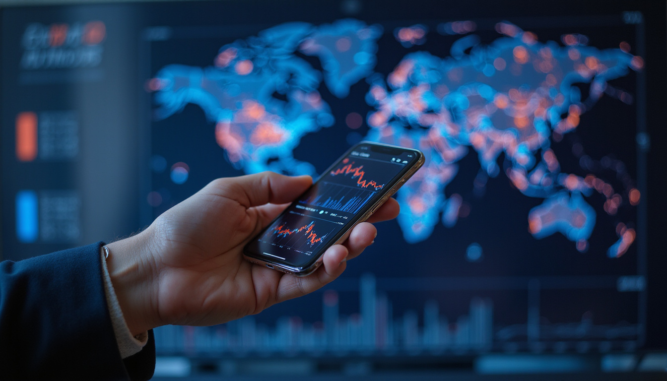  hands holding smartphone with crypto charts, global network, safe secure transactions background