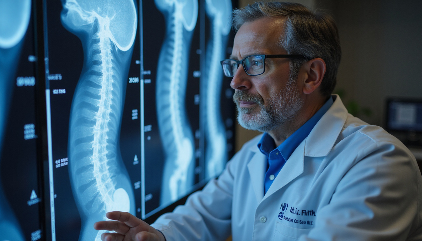 Doctor examining MRI scans of lumbar spine, serious expression, clinical setting