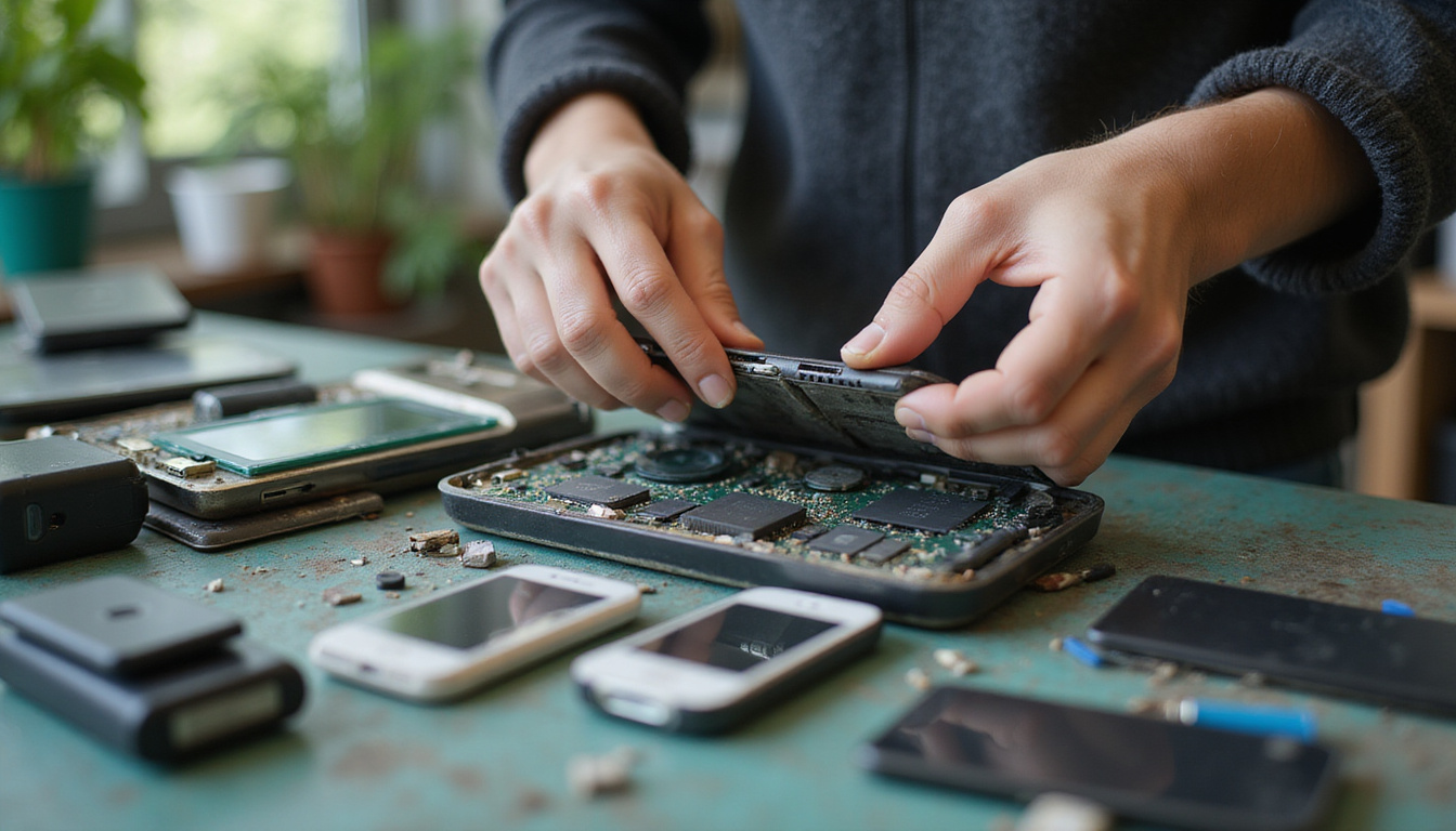 close-up of hands dismantling old gadgets, eco-friendly recycling station bright lighting