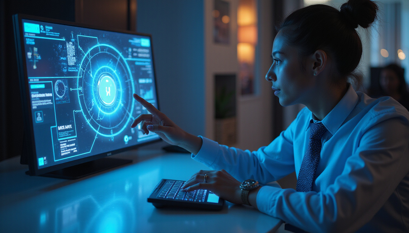  futuristic AI-powered phone answering service interface, glowing holographic screen, efficient customer interaction