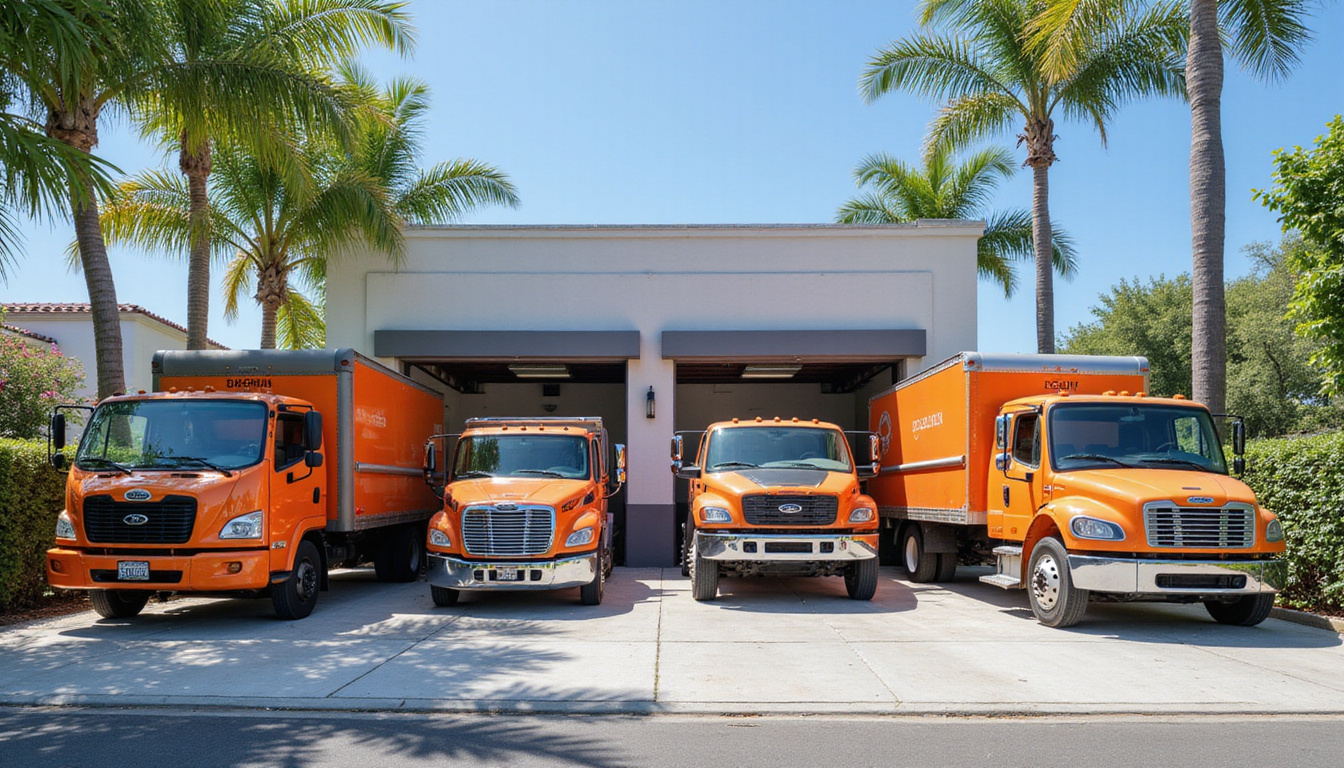  Professional junk removal team clearing garage, modern trucks and palm trees visible