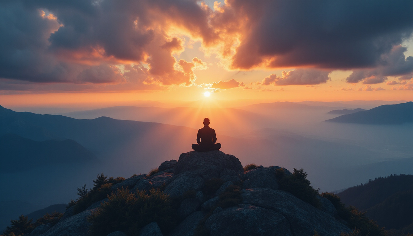 radiant light breaking through dark clouds over a tranquil mountain landscape with a calm meditator silhouette