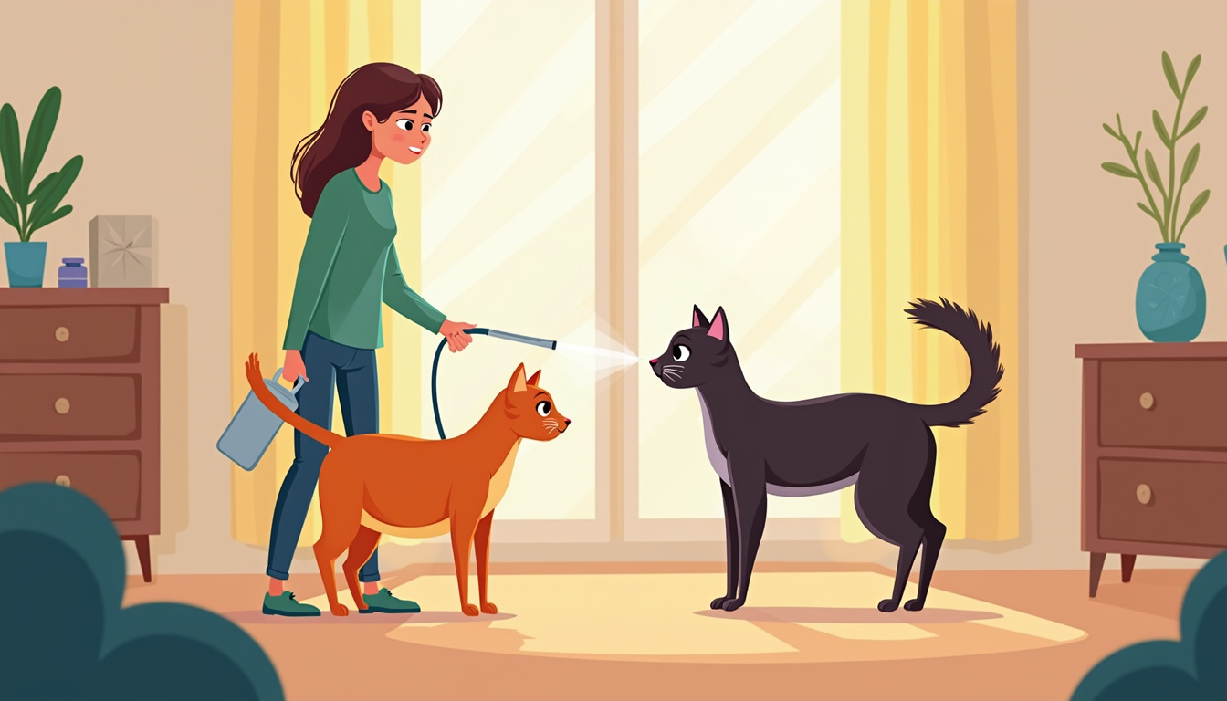 Cat spraying indoors, concerned owner applying treatment, cozy home setting, soft natural light 