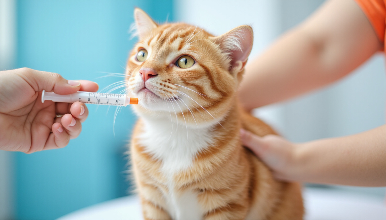  Close-up of a calm cat receiving medication, gentle hands holding syringe, bright veterinary clinic background