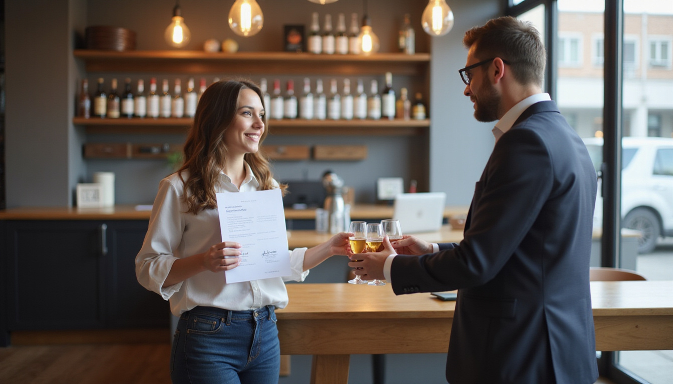  government office clerk handing alcohol seller permit to new business owner, celebratory atmosphere, formal attire
