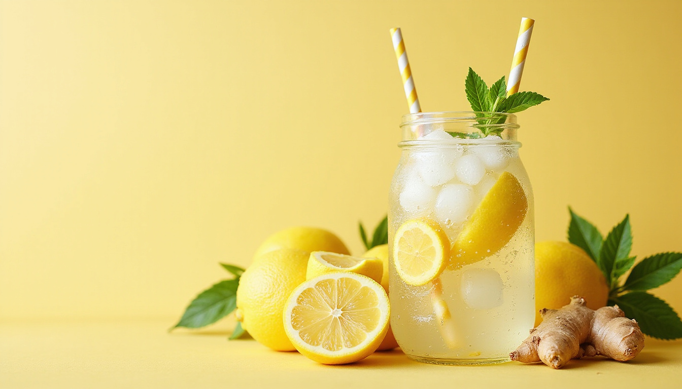 Clean glass jar of lemon ginger infused water with ice, bright and energizing summertime drink