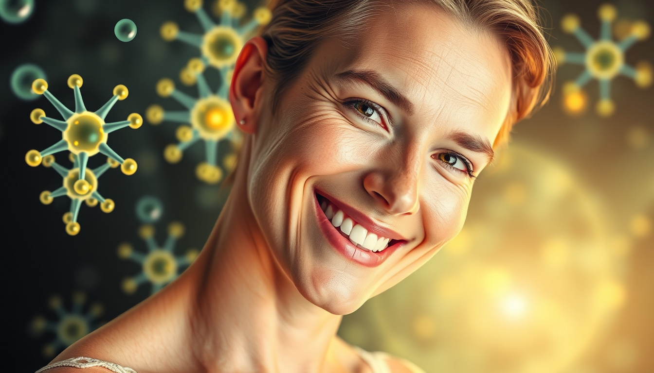  Healthy smiling person with radiant skin and flexible joints, surrounded by sulfur molecular structures, vibrant health aura