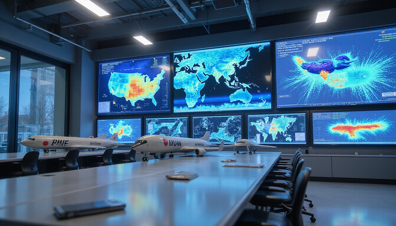  High-tech aerospace engineering lab with advanced computational fluid dynamics displays, streamlined aircraft models