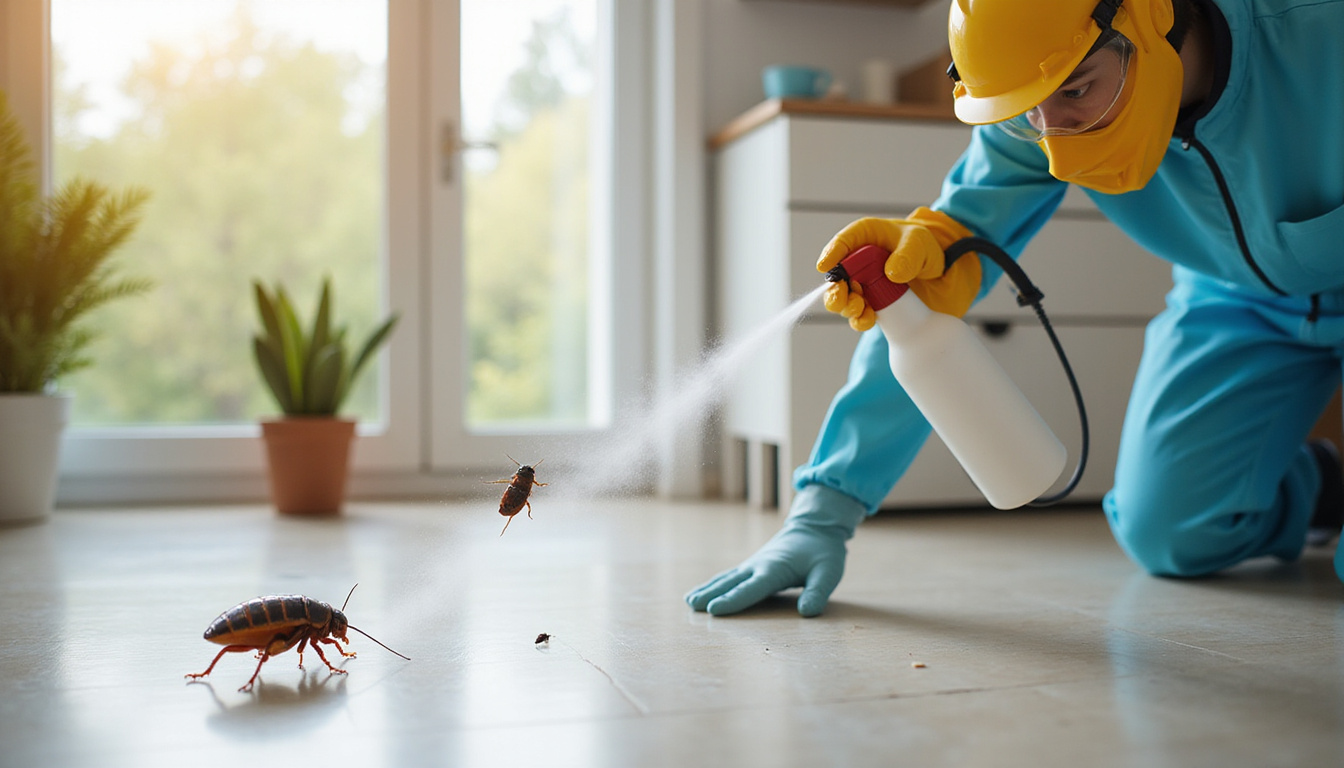  pest control professional spraying insecticide, protective gear, cockroach crawling away, clean modern home environment