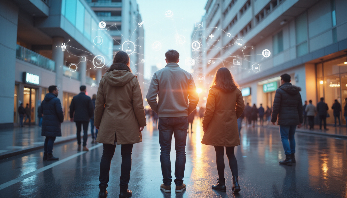 diverse people interacting seamlessly with voice-activated smart devices, bright and dynamic city background