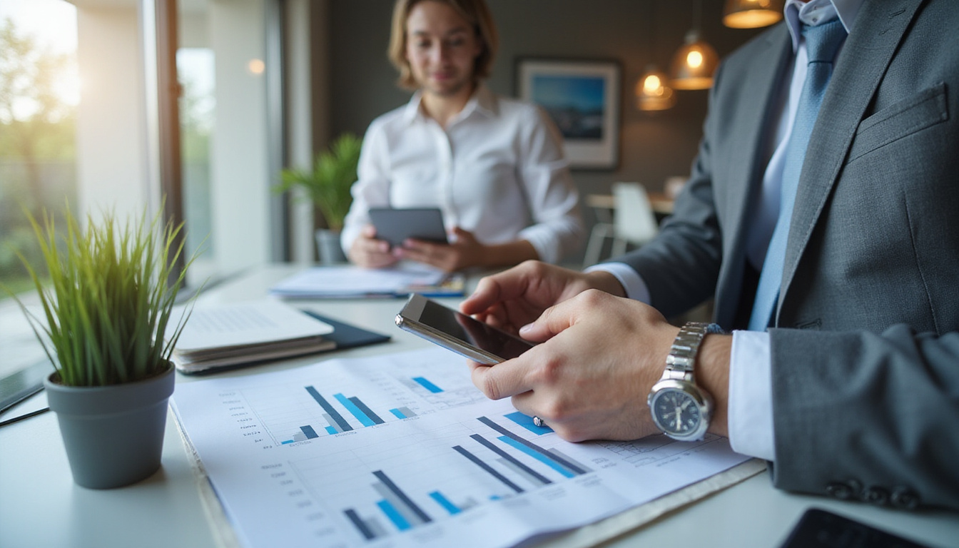 strategic investor analyzing property listings, digital tablet in hand, modern office with real estate charts