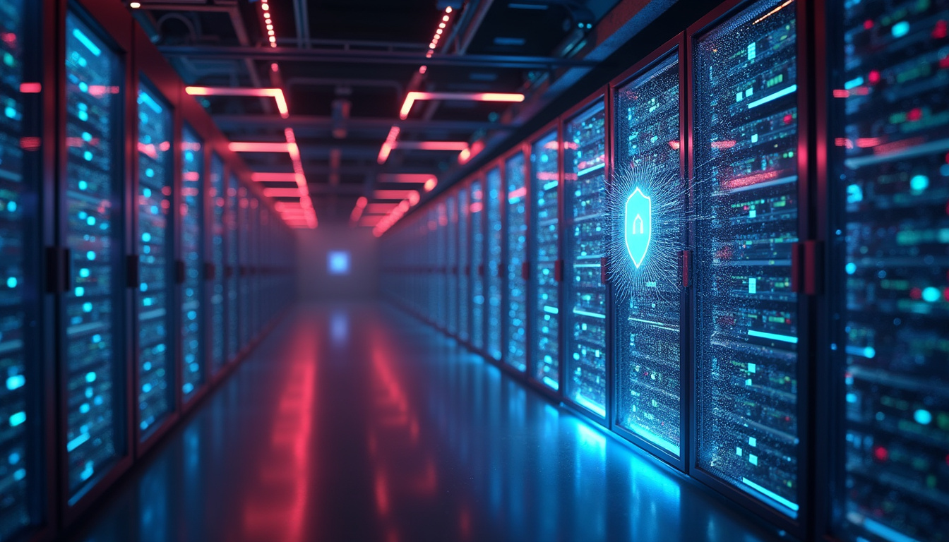  High-tech secure server room with holographic blockchain interface protecting digital assets