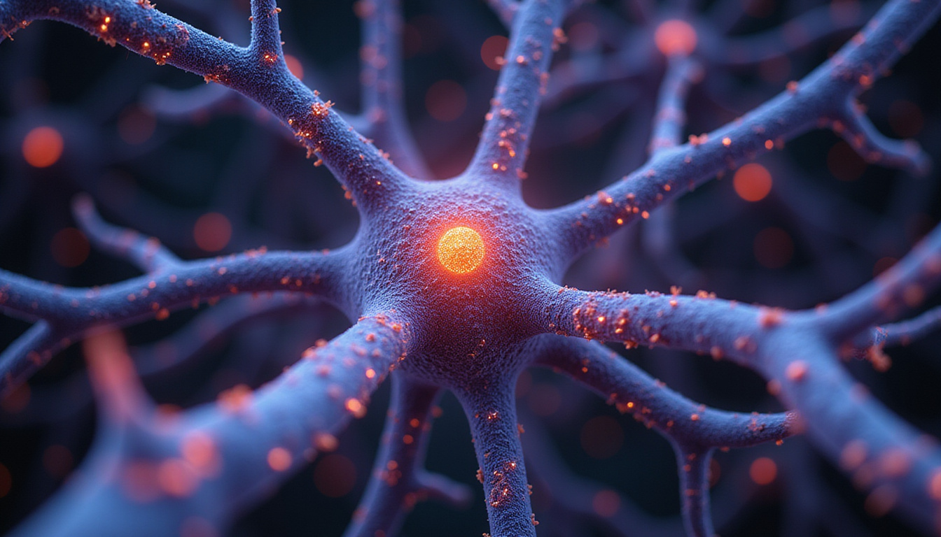  close-up of neuron network highlighting electrical impulses and synapses in vibrant colors