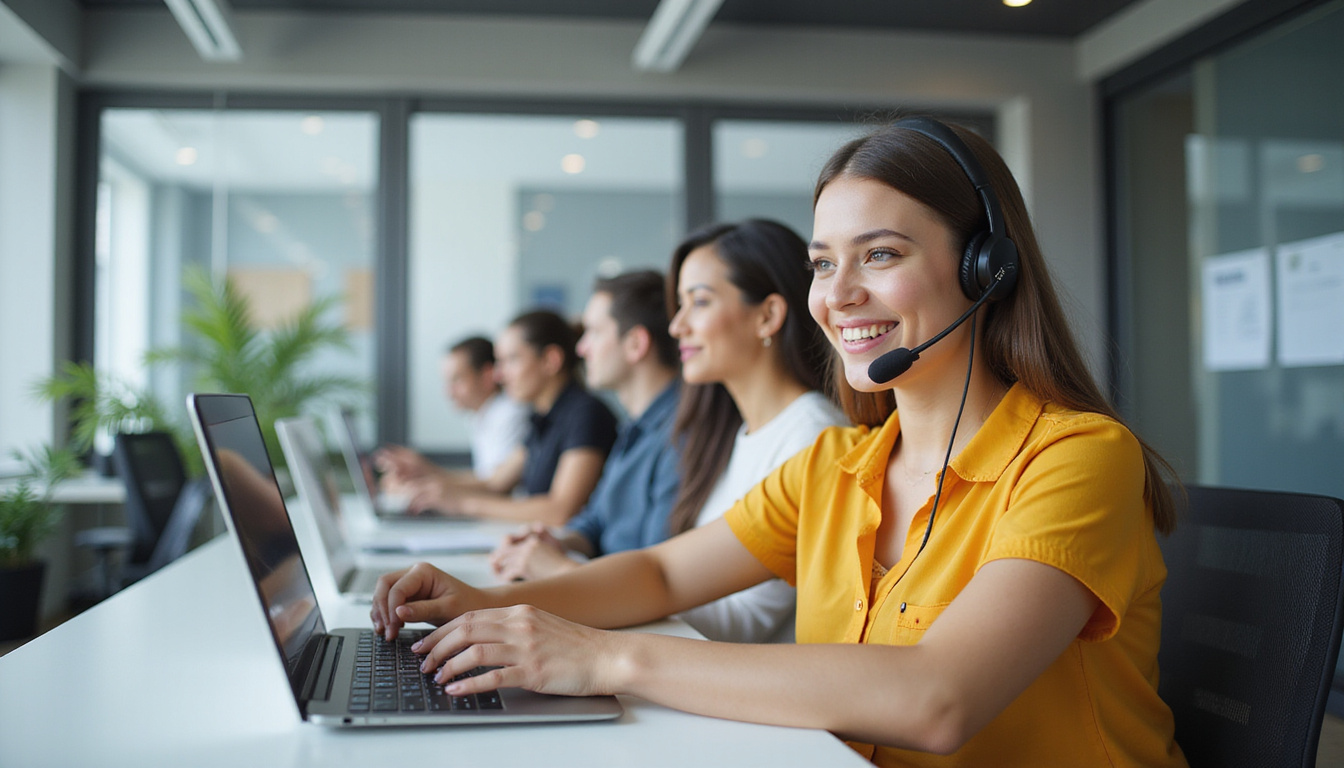  Smiling customer service team answering calls, dynamic business growth concept, bright workspace